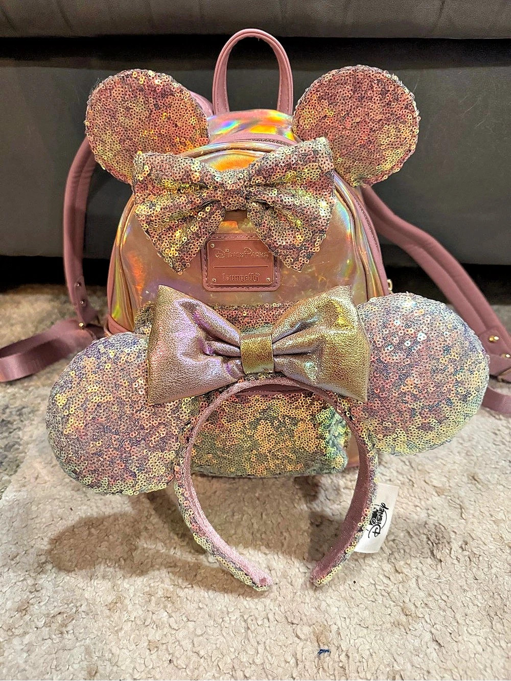 Loungefly Minnie Mouse Sequin Mini Backpack and Ears Headband Set Sequin